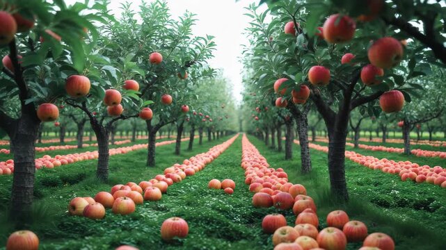 Timelapse Animation of Apple Orchard Trees Bearing Ripe Fruit in Abundant Rows - Seamless 4K Background Video