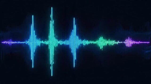 Glowing, vibrant sound wave display on black background with neon blue, green, and purple hues
