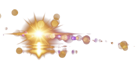 Golden and purple light flares with bokeh glow on a dark background, smooth reflections, luxury abstract aesthetic, cinematic optical lens reflections, artistic photography clean PNG