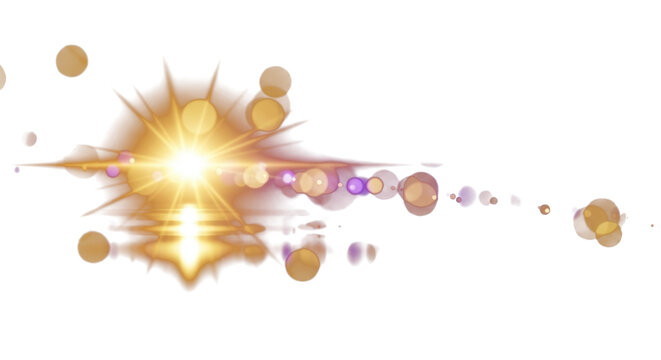 Golden and purple light flares with bokeh glow on a dark background, smooth reflections, luxury abstract aesthetic, cinematic optical lens reflections, artistic photography clean PNG - Powered by Adobe