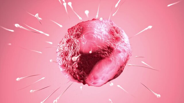 Seamless 4K animation showing a dynamic sequence of sperm cells actively swimming toward a rotating human egg cell with organic surface detail. Rendered in soft pink tones, this looping visual is