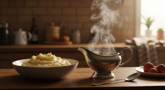 Still life of mashed potatoes, gravy, & strawberries on a wooden counter