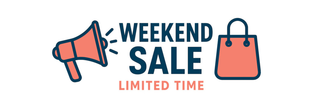 Weekend sale limited time banner with megaphone. Urgent promotion announcement, bold design. Flat vector illustration.