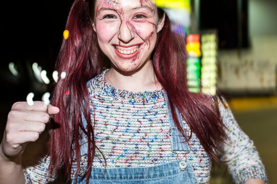 Pop aesthetic Halloween portrait with creative SFX makeup and motion blur