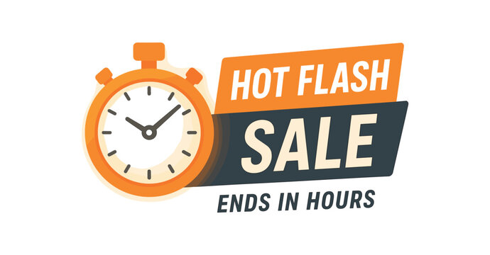 Hot flash sale ends in hours banner with stopwatch icon. Urgent promotion, limited time offer. Flat vector illustration.