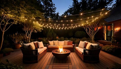 luxuriant greenery, firepit, string lights, outside patio, comfortable seats, and landscape lighting