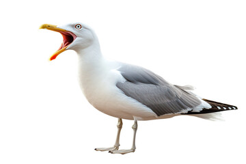Naklejka premium Seagull with open beak on a transparent background, displaying its features and unique coloration in a striking pose typical of coastal birds