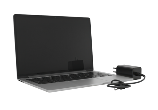 A silver laptop computer with a blank dark screen and a black keyboard sits beside a black power adapter and cord. The image is isolated on a transparent background. - Powered by Adobe