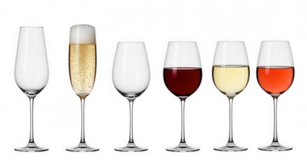 Assorted beverage glasses with various liquids isolated on a transparent background