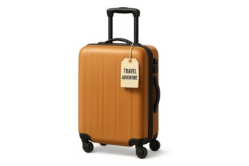 Orange travel suitcase showing a luggage tag labeled travel adventure, ready for globetrotting on a transparent background