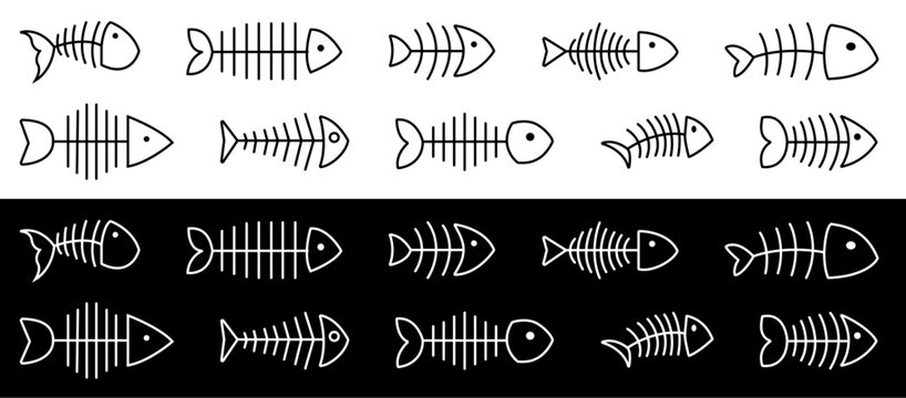 Fish bone or fishbone skeleton flat vector icon set for wildlife apps and websites.