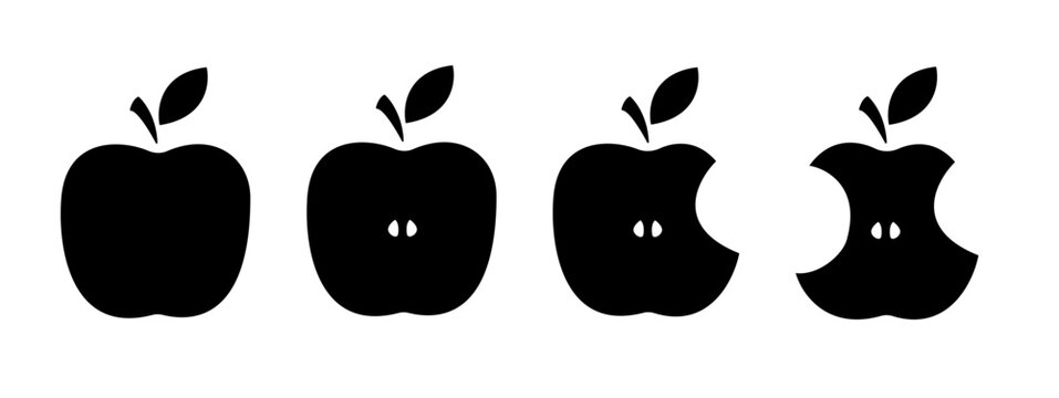 Apple vector icon set. Half an apple symbol. Bitten apple graphic illustration. Fruit with bite mark. Black silhouette isolated on white background.