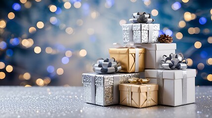 Festive stack of beautifully wrapped christmas presents adorned with ribbons and bows against a bokeh background of glowing lights