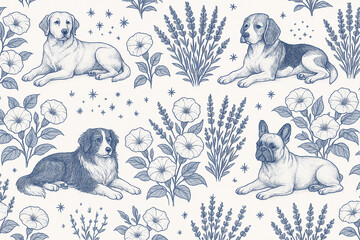 vintage blue floral pattern with dog illustrations classic detailed hand drawn design combining flowers stars and animals on white background