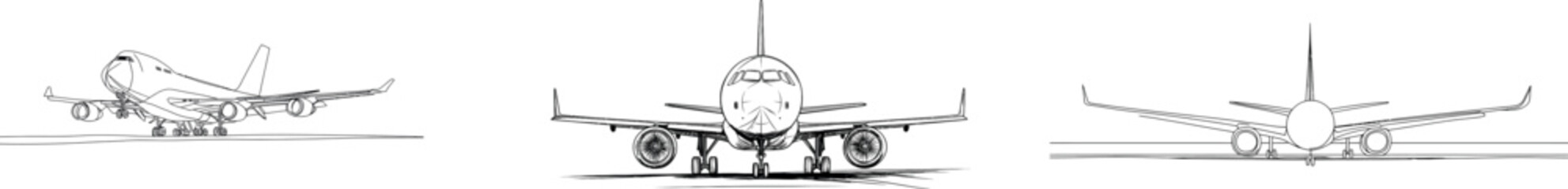 The image features a one-line drawing of an airplane flying through the air on a white background