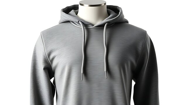 frontview. A minimalist grey hoodie displayed on a mannequin, highlighting its clean and modern design. lifestyle magazines, social media lookbooks, designed for influencer and brand collaborations.