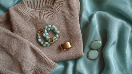 Elegant beige sweater with jewelry arrangement on a satin background