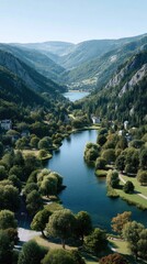 Serene Blue River Winding Through Lush Green Hillsides Under a Clear Blue Sky with Sunlight Illuminating a Quaint Village Below