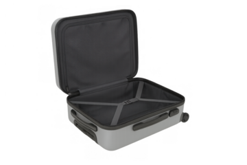 Open suitcase, gray and white, standing on a transparent background. Interior showing secure straps, ready for travel