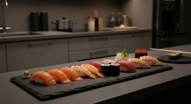 Sushi variety arranged on black slate, kitchen background - Powered by Adobe