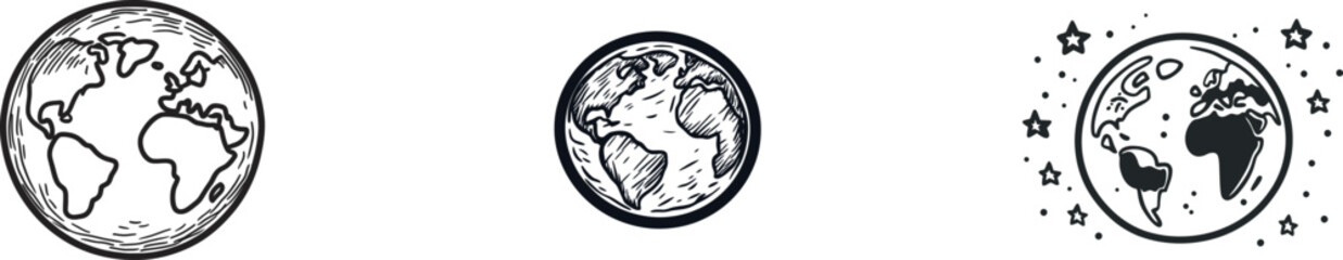 The world map is shown as a minimalist one-line drawing illustration of the Earth globe set against a plain white background