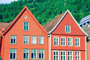 Bryggen district in Bergen, Norway. Retro filter photo color style.