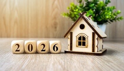 Wooden house model and dice showing the year 2026 symbolizing future real estate and housing market trends