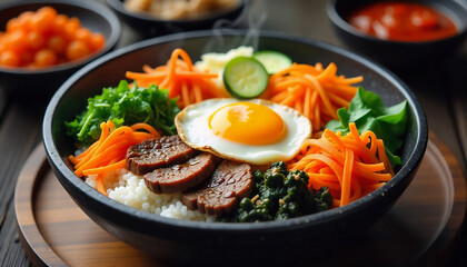 A beautifully presented traditional Korean Bibimbap served in a black stone bowl. The bowl is filled with perfectly arranged colorful ingredients — white rice at the base, topped with vibrant vegetabl