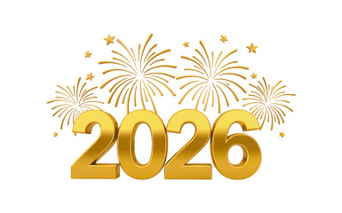 Golden new year fireworks and 2026 text on transparent background