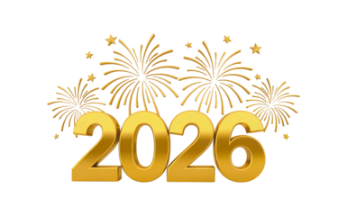 Golden new year fireworks and 2026 text on transparent background
