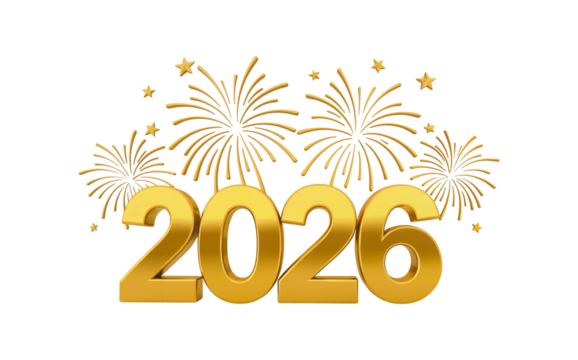 Golden new year fireworks and 2026 text on transparent background