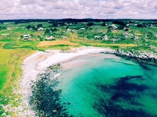 Norway Karmoy island drone view. Retro filtered color tone.