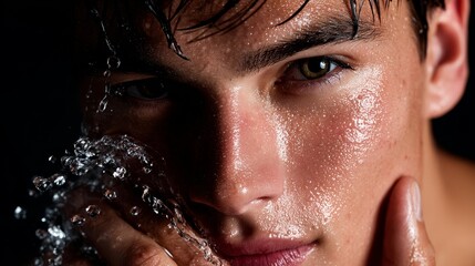 Refreshing male model's skincare routine spa environment cosmetic focus close-up view flawless face