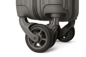 Luggage wheel closeup on a gray suitcase, concept of air travel, transport, and modern baggage technology on transparent background