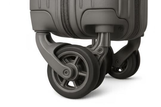 Luggage wheel closeup on a gray suitcase, concept of air travel, transport, and modern baggage technology on transparent background