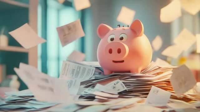 Piggy Bank Amidst Paperwork: A charming piggy bank sits atop a mountain of paperwork as papers float through the air, symbolizing the complexities of personal finance and the crucial role of savings.