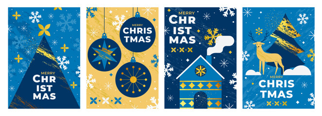 Stylish Christmas greeting cards in blue and gold color palette. Minimal geometric design with house, Christmas tree, snowflakes and ornaments. Perfect for holiday prints and digital cards. Vector