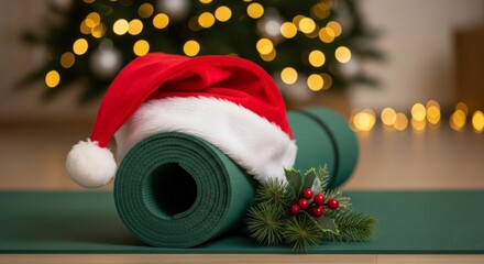 Fototapeta premium Christmas Santa hat on rolled yoga mat near lights