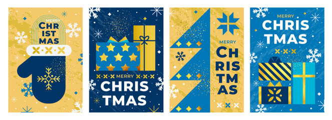 Stylish Christmas greeting cards in blue and gold color palette. Minimal geometric design with house, Christmas tree, snowflakes and ornaments. Perfect for holiday prints and digital cards. Vector