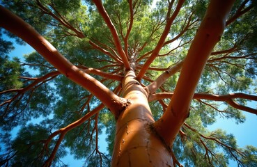 Red bark tree trunk with green pine needles reaches towards blue sky. View from below shows wide branches, rough texture. Natural forest setting, evergreen plant life detail.