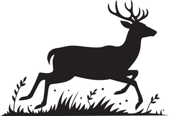 Silhouette of a running deer with antlers in tall grass