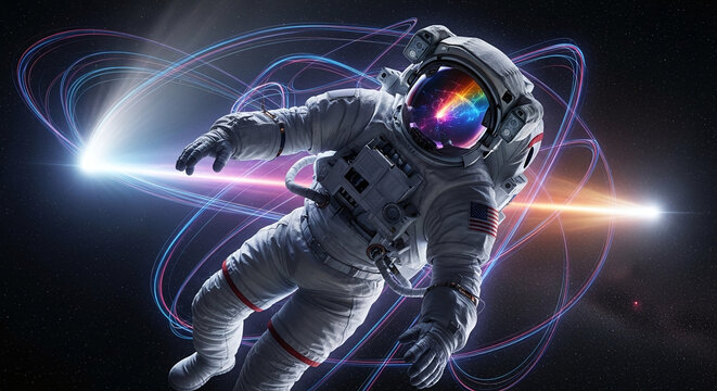 An Astronaut Floats Amidst The Cosmos With Vibrant Neon Light Trails In An Expansive Dark Space
