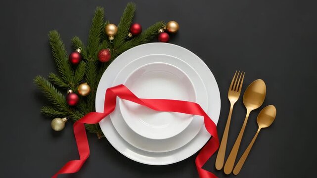 Flat lay of Christmas table setting with white ceramic plates, red ribbon, golden cutlery, fir branches and baubles on black background. Holiday dinner decor. Festive mood.