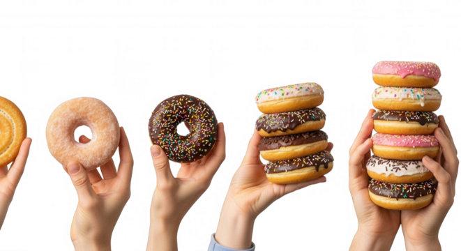 Assorted donuts held against black isolated on a transparent background