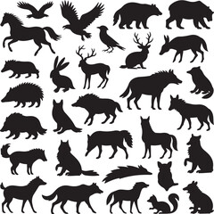 Collection of black animal silhouettes on white background