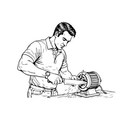 Man Sharpening a Knife: A detailed illustration of a man meticulously sharpening a knife, his focus and precision evident as he works on a grinding machine.