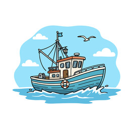 The fishing boat on the Sea: A stylized illustration presents a fishing boat navigating the ocean with a seagull in the bright blue sky, the gentle waves rolling around the vessel.