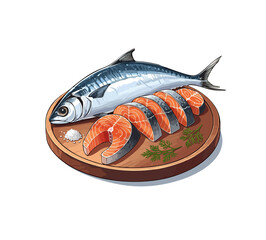 Culinary Composition: Freshly cut salmon with vibrant orange flesh is arranged artfully on a wooden board, accompanied by fresh herbs and a pinch of salt. capturing the delicious freshness 