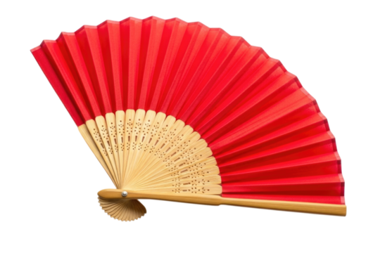 Red Fabric and Bamboo Hand Folding Fan Isolated PNG Cutout Transparent