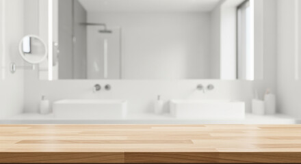Fototapeta premium Wooden countertop with blurred bathroom interior background. Mockup for advertising layout.
